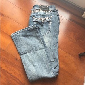 MISS ME EMBROIDERED EMBELLISHED BOOTCUT JEANS, 29